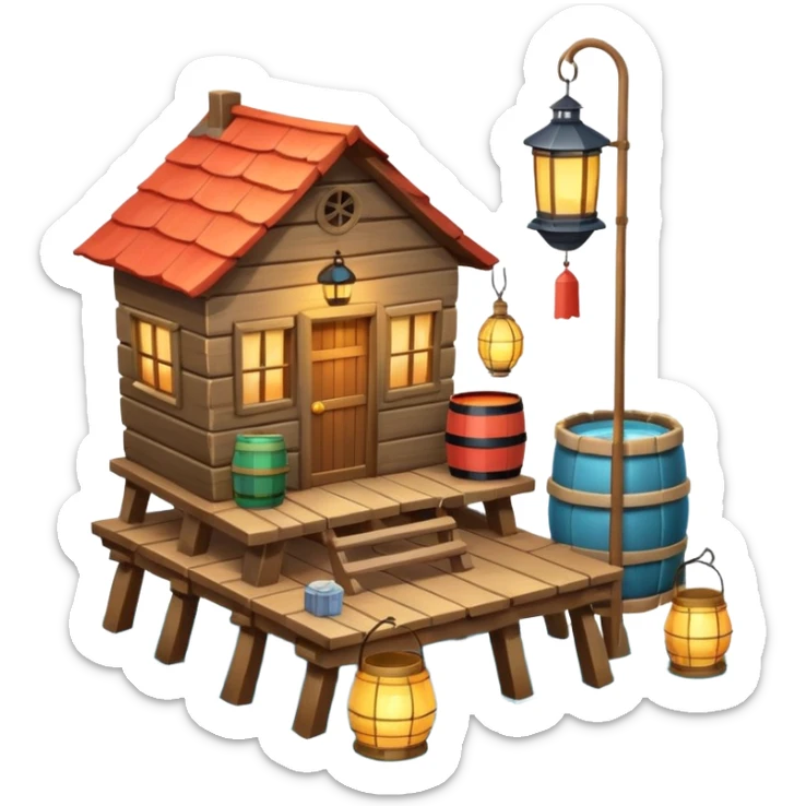 
fisherman house on a wooden pier, small dock, fishing nets hanging, barrels, lantern, ocean vibe, 3D cartoon, cute mobile game icon, clean background, no text
 sticker