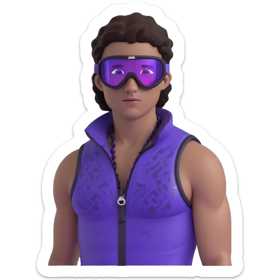 male athlete with white skin and moderately curly dark brown hair on top with shaved sides, wearing ski goggles with purple frames and very dark black lenses, a simple plain black chain necklace, and a completely unzipped sleeveless vest with purple and black sequin fire pattern design with no logo, fully revealing his chest, shoulders and arms, no earrings sticker