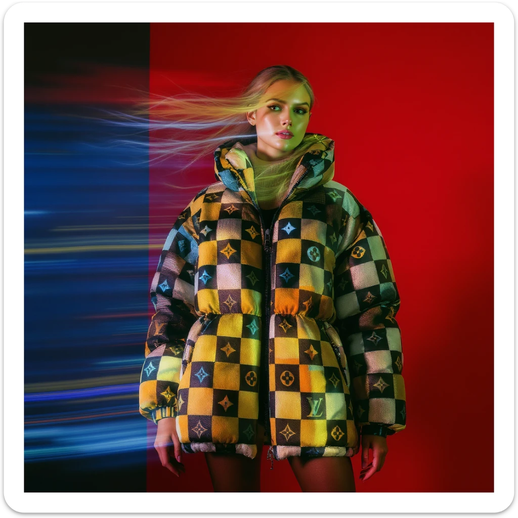 Medium shot, "Echo print effect" motion blur, Photo of a woman dress in abstract (black orange green and blue) grid puffer Louis Vuitton jacket, red solid background, express body, spot light with hard light sticker