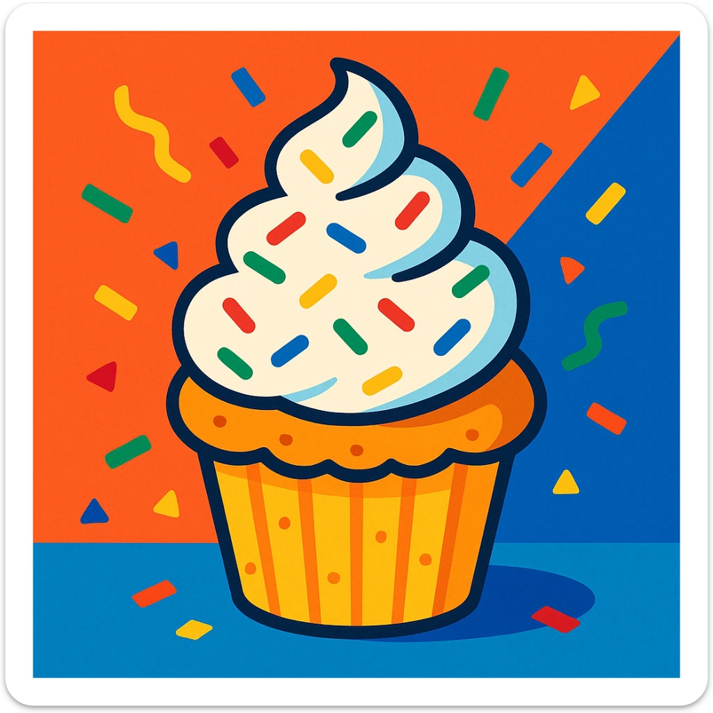 muffin with a tall swirl of whipped cream and rainbow sprinkles, lively and celebratory sticker