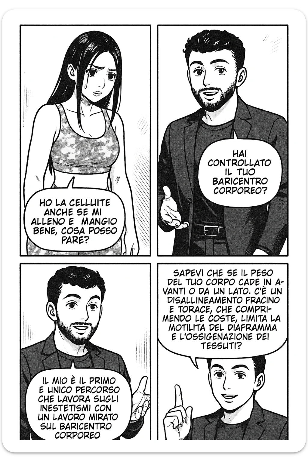TRASFORMA QUESTO CAROSELLO IN UN FUMETTO STILE MANGA CON QUESTE DUE PERSONE IDENTICHE CHE INTERLOQUISCONO TRA LORO:

LEI: Ho la cellulite anche se mi alleno e mangio bene, cosa posso fare?

LUI: Hai controllato il tuo baricentro corporeo?
LUI: Sapevi che se il peso del tuo corpo cade in avanti o da un lato, c’è un disallineamento fra bacino e torace, che comprimendo le coste, limita la motilità del diaframma e l’ossigenazione dei tessuti?
LUI: Il mio è il primo e unico percorso che lavora sugli inestetismi con un lavoro mirato sul baricentro corporeo. sticker