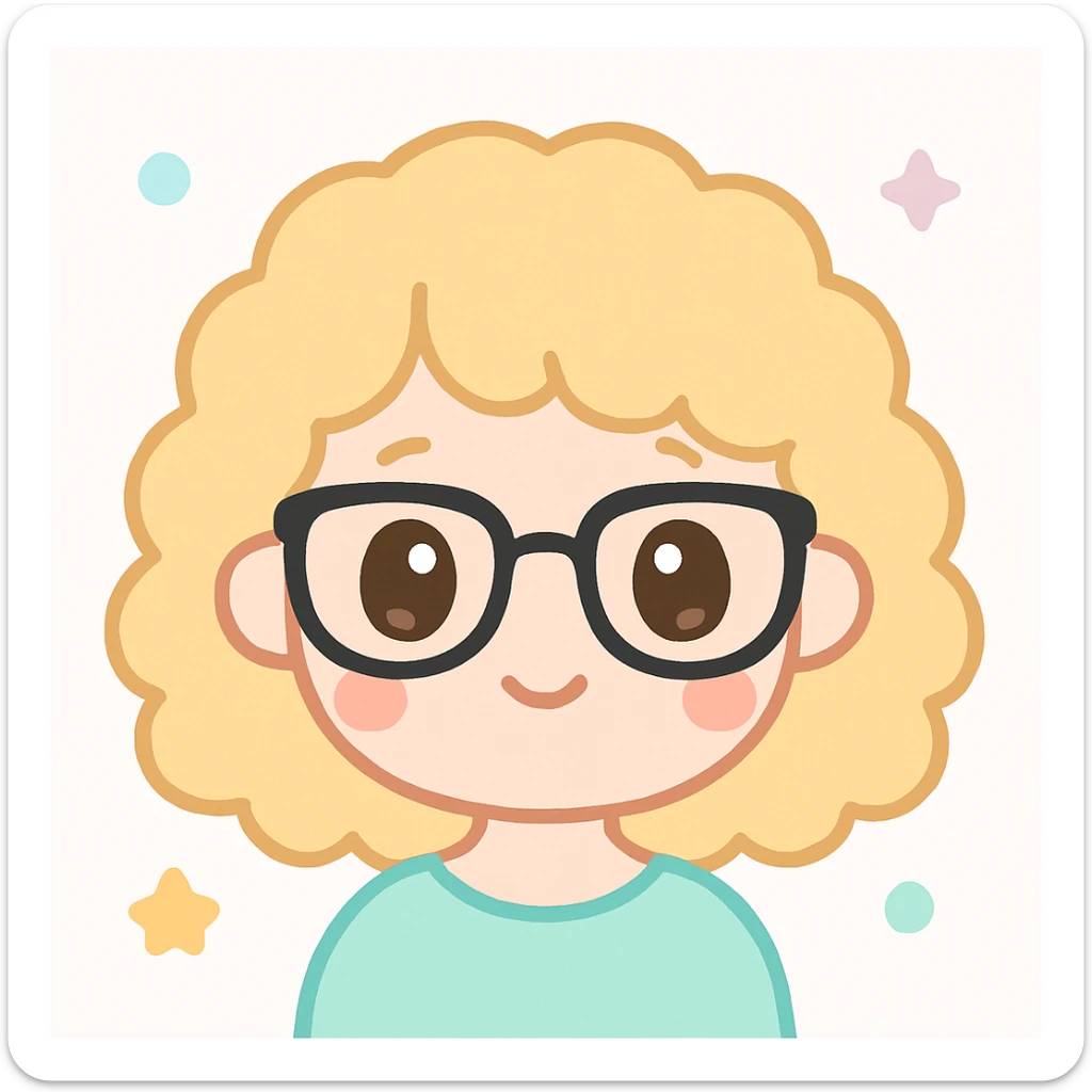 portrait d'une fille, cheveux bouclés blonds foncé, lunettes noires, yeux marrons, style kawaii sticker