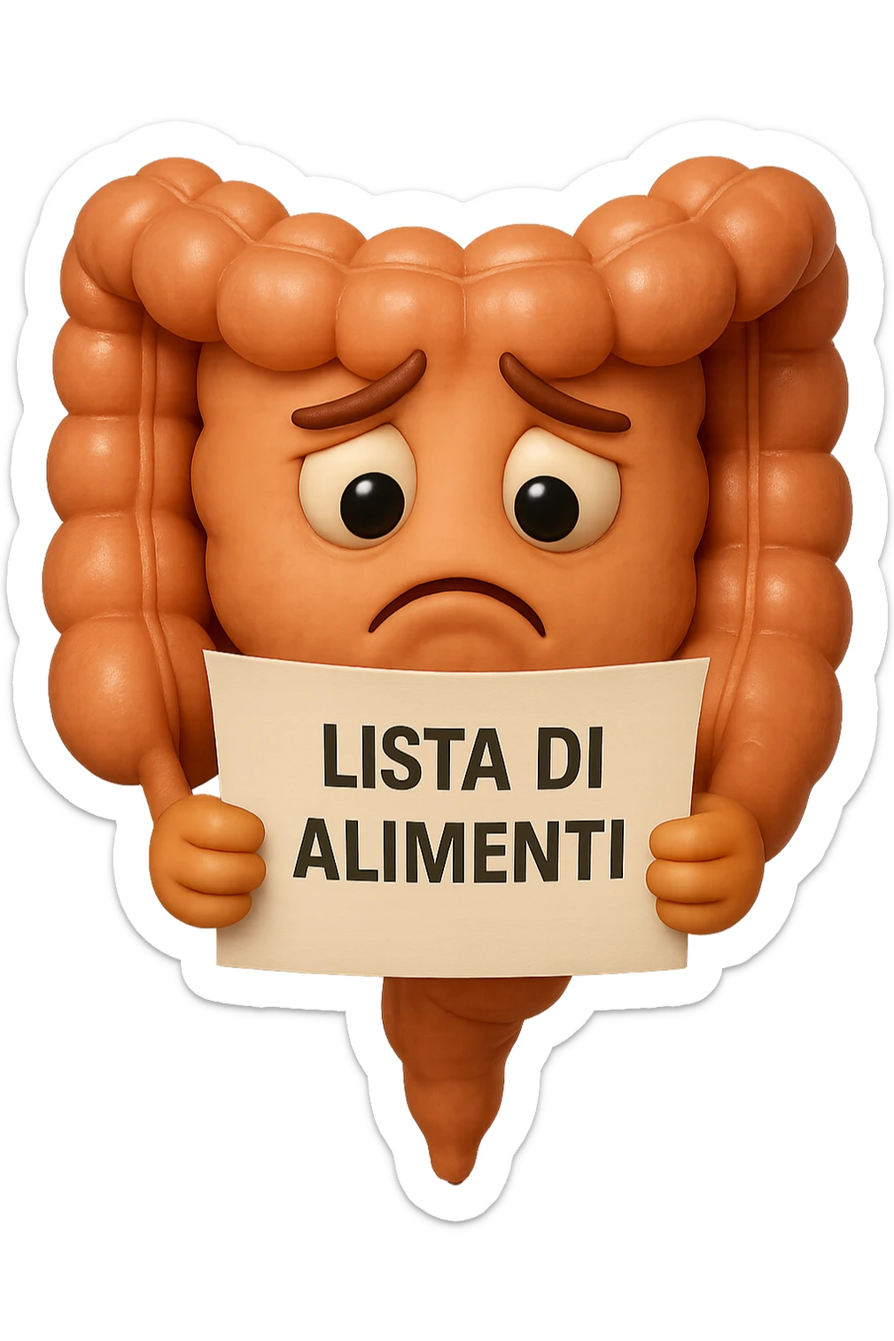 EMOJI STILE IPHONE DI UN INTESTINO CHE LEGGE UN FOGLIO CON LA SCRITTA "lista di alimenti" ed espressione triste in volto, IPERREALISTICO 4K sticker