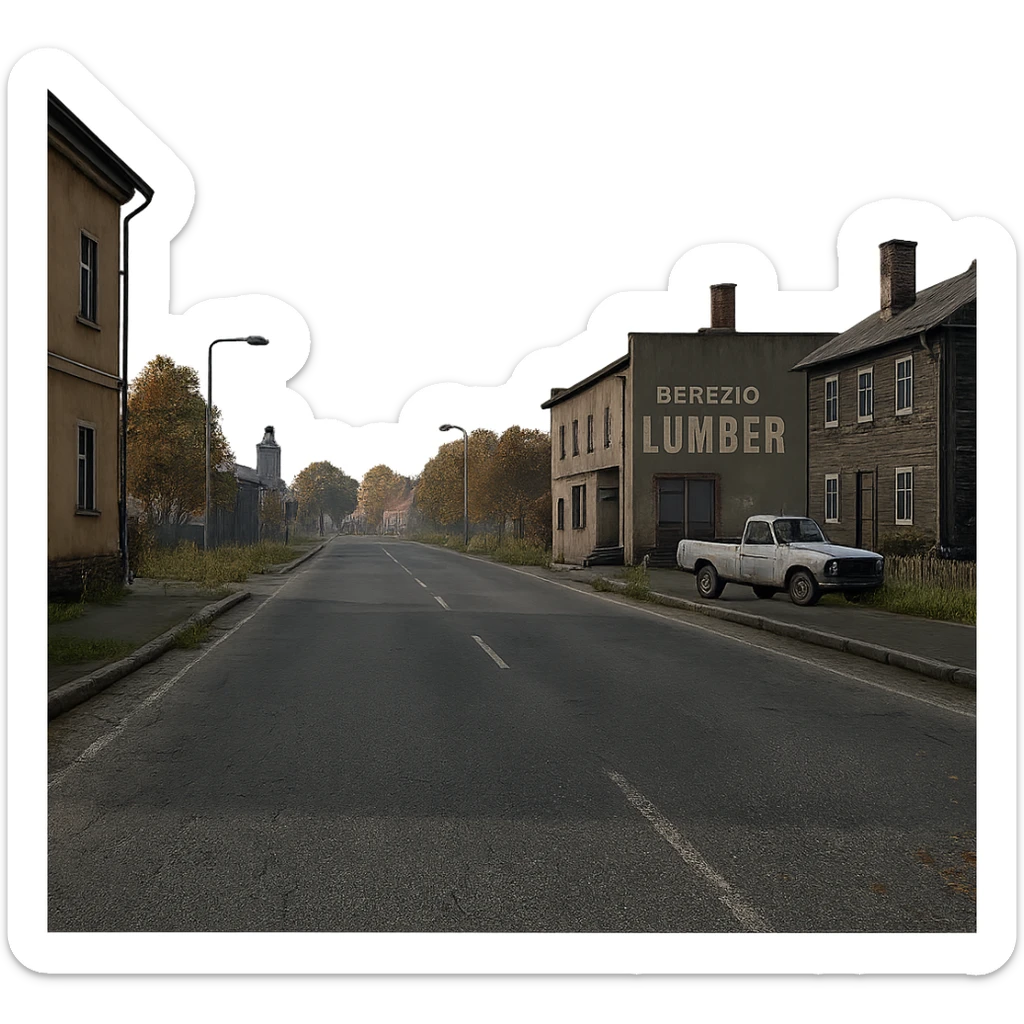 a view of the city street in a videogame: DayZ - in the town of berezio "lumber" sticker