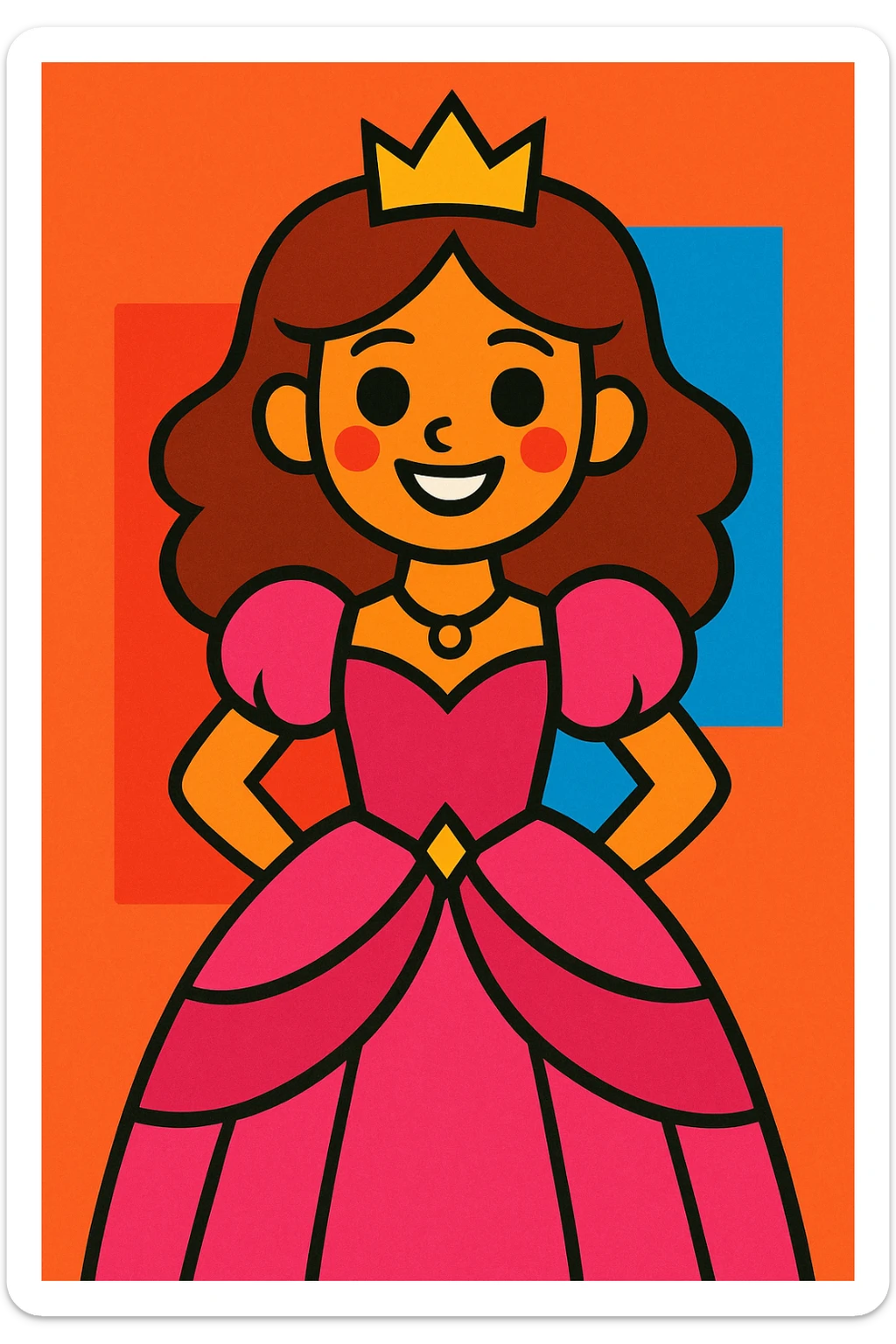 young princess in a pink dress, tiara on her head, smiling, vibrant cartoon style sticker