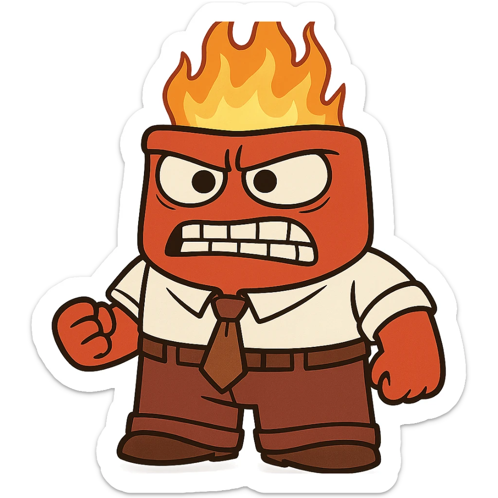 Inside Out's Anger, blocky red body, white shirt, brown tie, flames on head, cartoonish sticker
