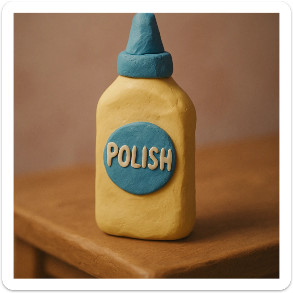 claymation style close-up of Pledge-like furniture polish bottle on a wooden table, soft lighting, pastel colors sticker