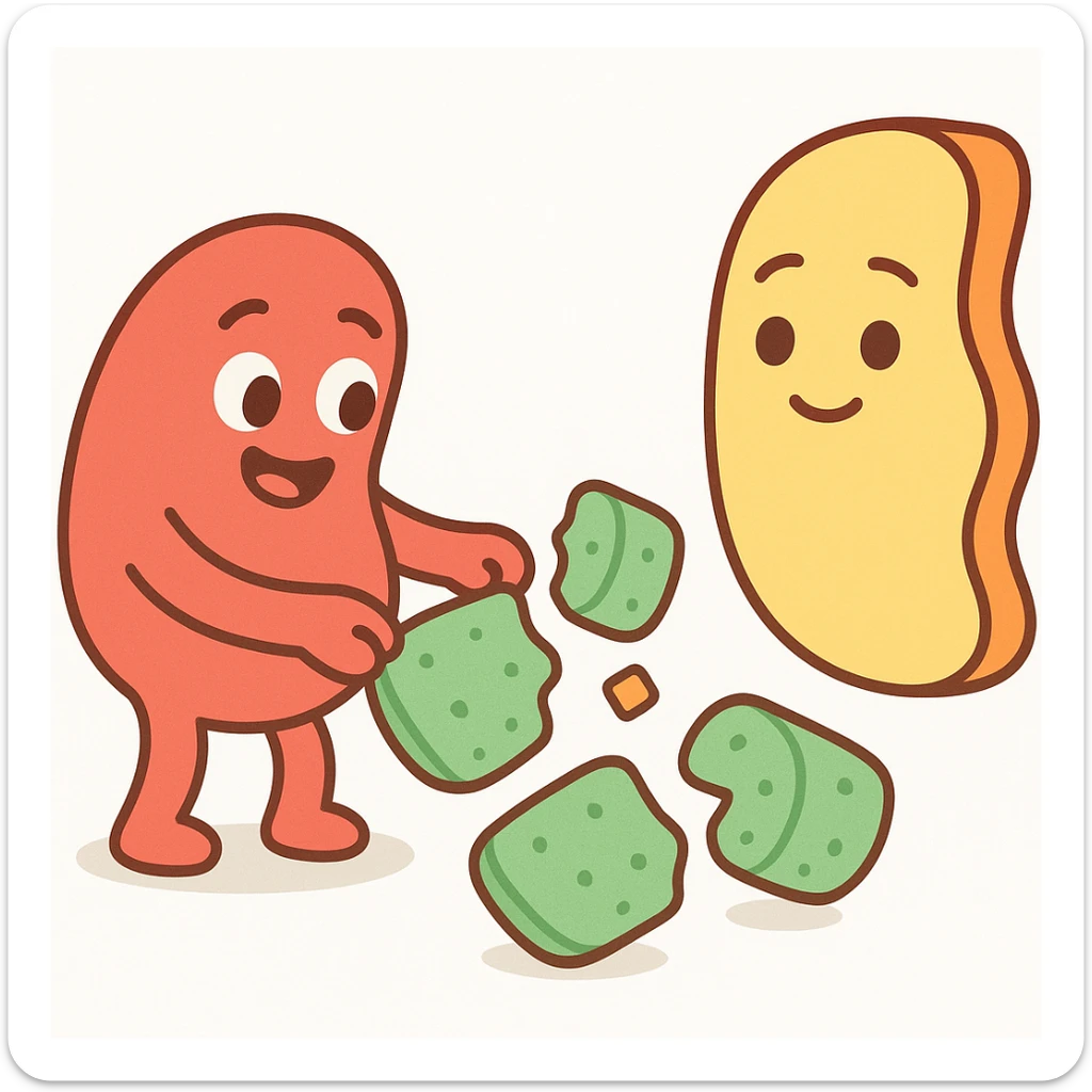 Ultra-detailed emoji-style illustration of enzyme digestion: Red amylase breaking green starch into sugars near a yellow cell membrane. Clean white background, no text. Scientific but simple, cartoon-exact shapes sticker