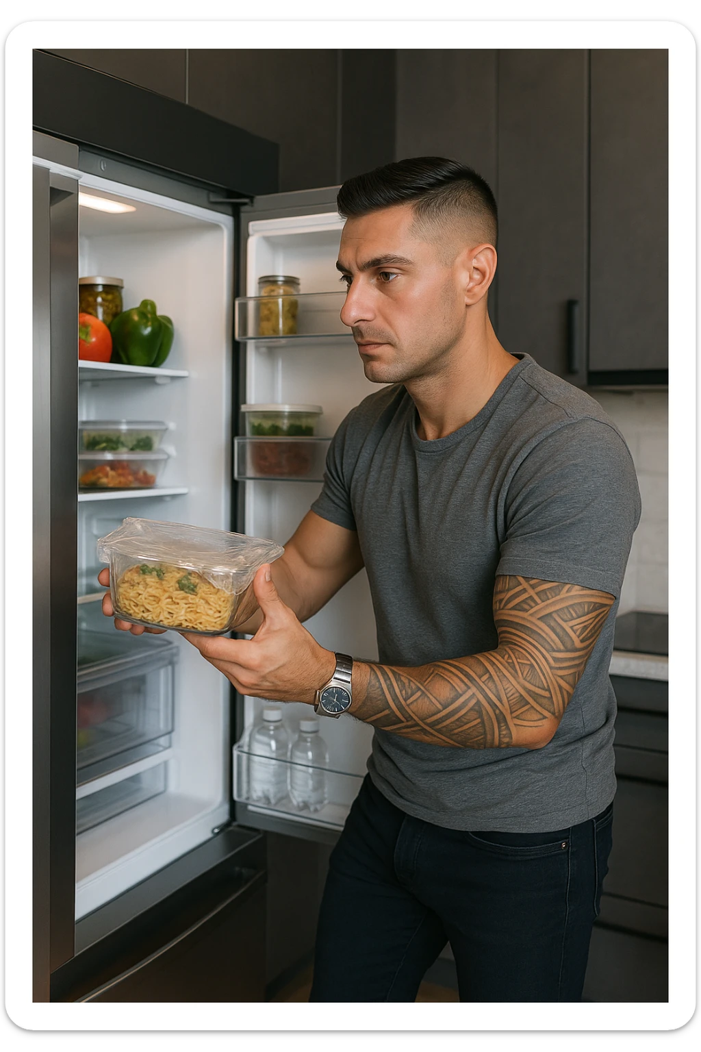 Uomo che mette nel frigo il suo pasto cucinato sticker