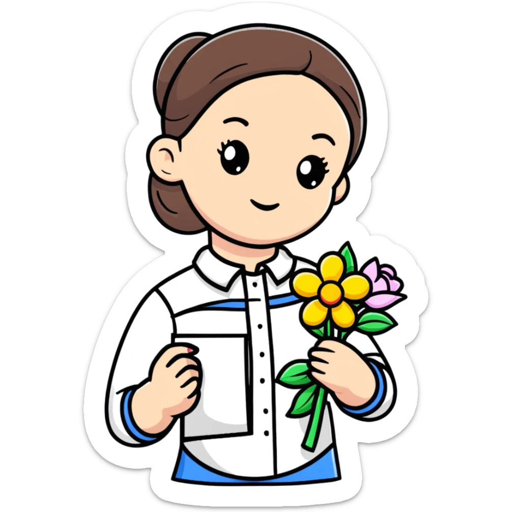 Ukrainian young girl in white embroidered shirt holding colored paper and a flower sticker