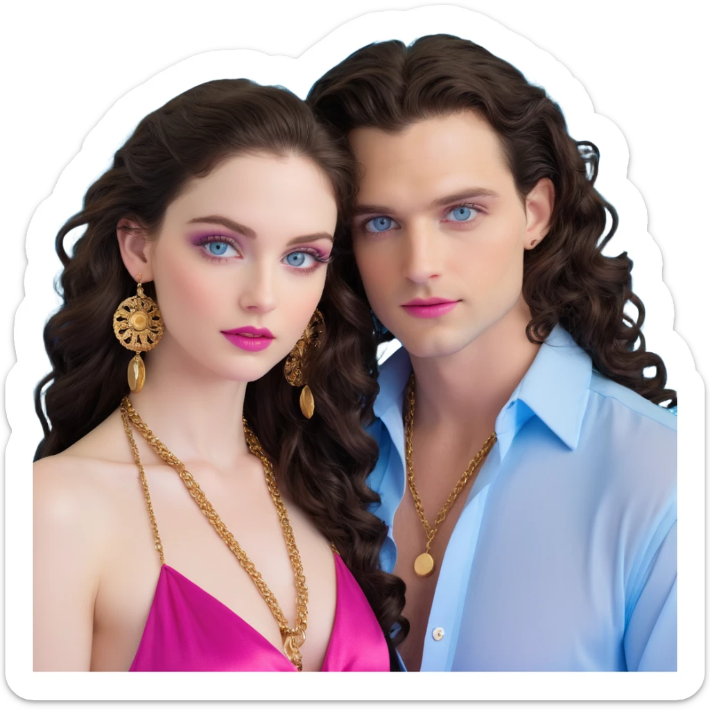 attractive couple with baddie energy, woman with big blue-grey eyes, long lashes, pale skin, pink lips, long voluminous dark brown curls, gold hoop earrings, revealing silky halter top next to handsome man with intense blue-grey eyes, chiseled features, pale skin, confident smirk, dark brown styled hair, gold chain, revealing open shirt sticker