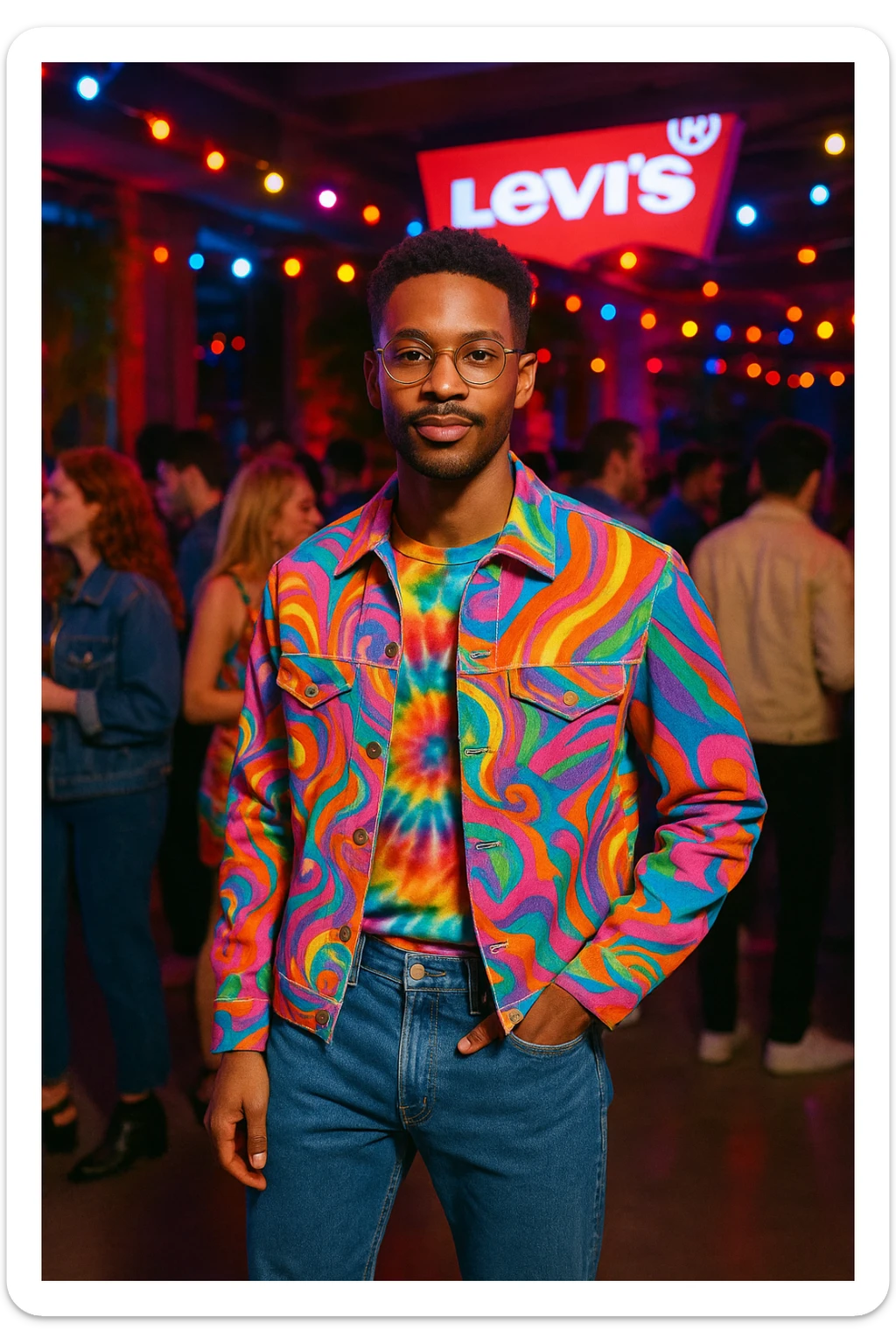 A stylish man in mesmerizing, colorful clothing at a Levi's party, incorporating denim jeans and a fun, social setting. sticker