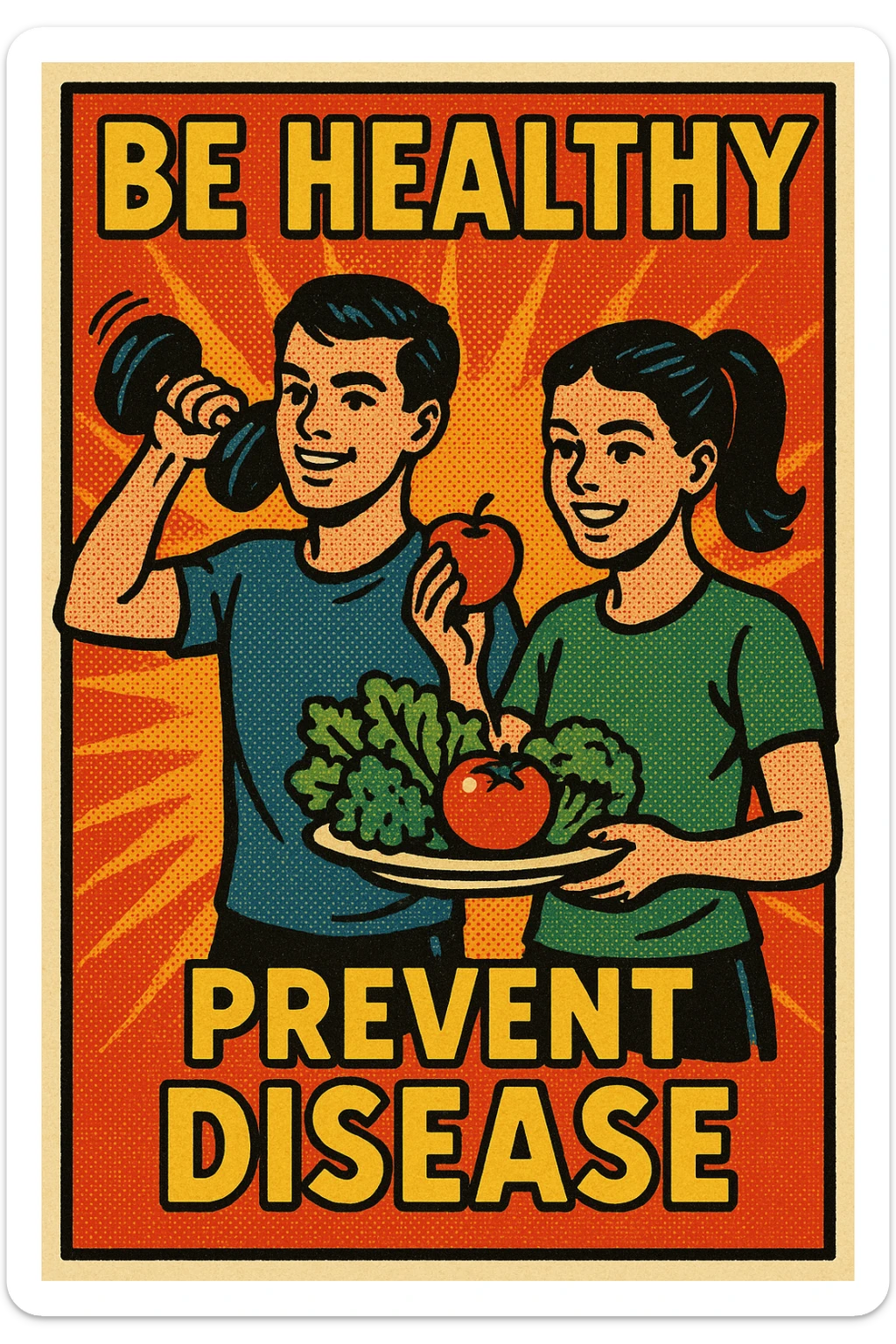 A campaign poster titled 'Be Healthy Prevent Disease' with an image of two teenagers exercising and eating healthy foods sticker