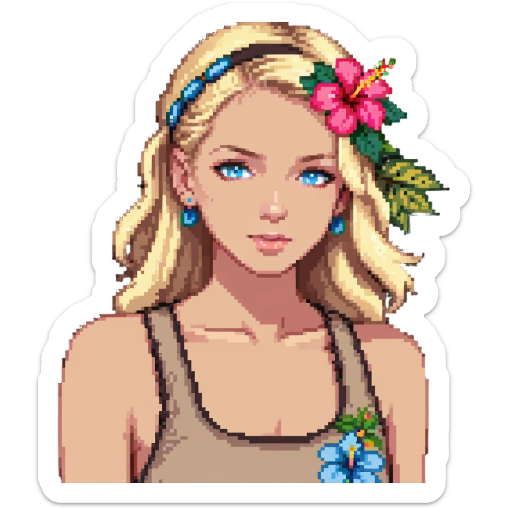 preppy coastal teen girl with blue eyes, beach blonde hair, tan skin, hibiscus flower in her ear, preppy beach outfit sticker