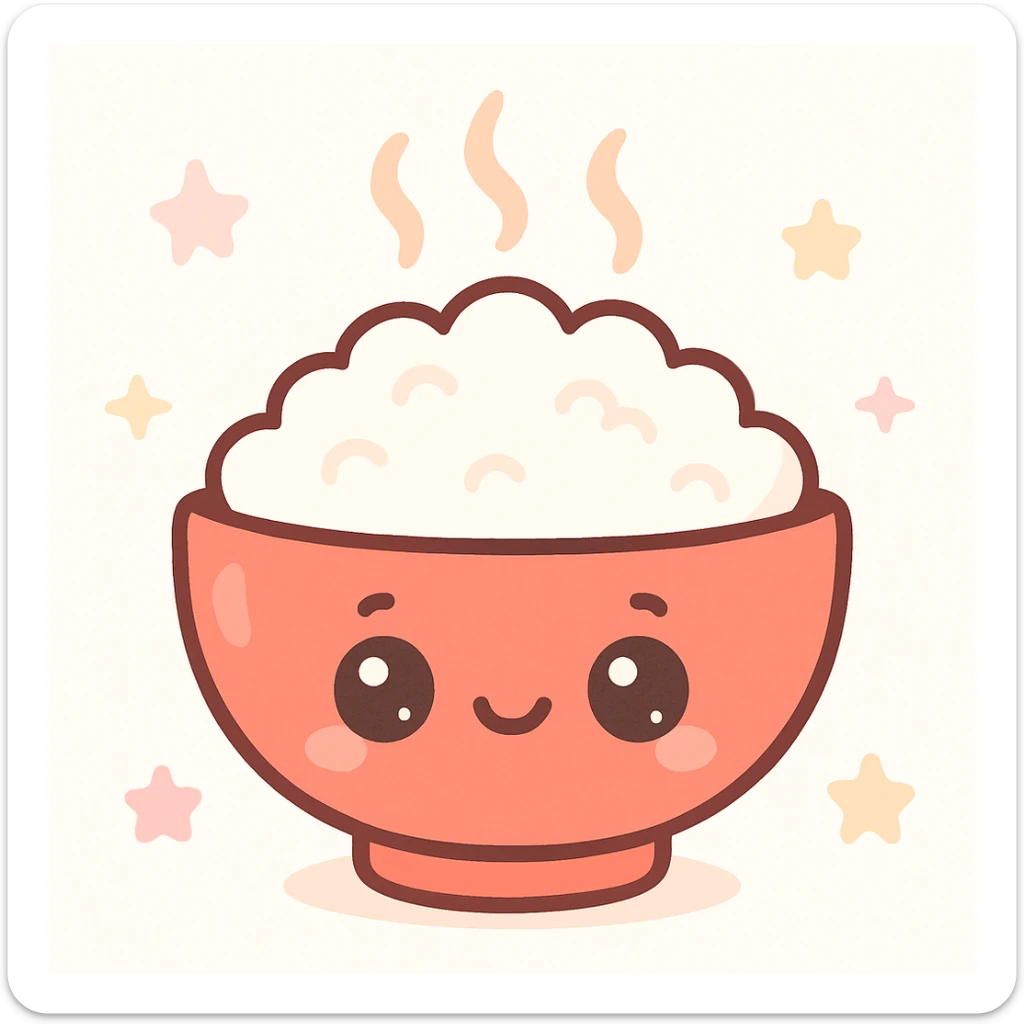 cute cartoon red bowl of rice with steam, big eyes, kawaii style sticker