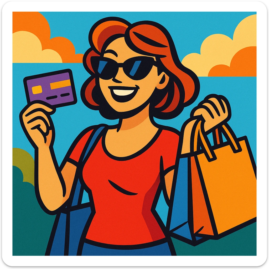 light skin woman with sunglasses, holding a credit card and shopping bags, vibrant toon style sticker