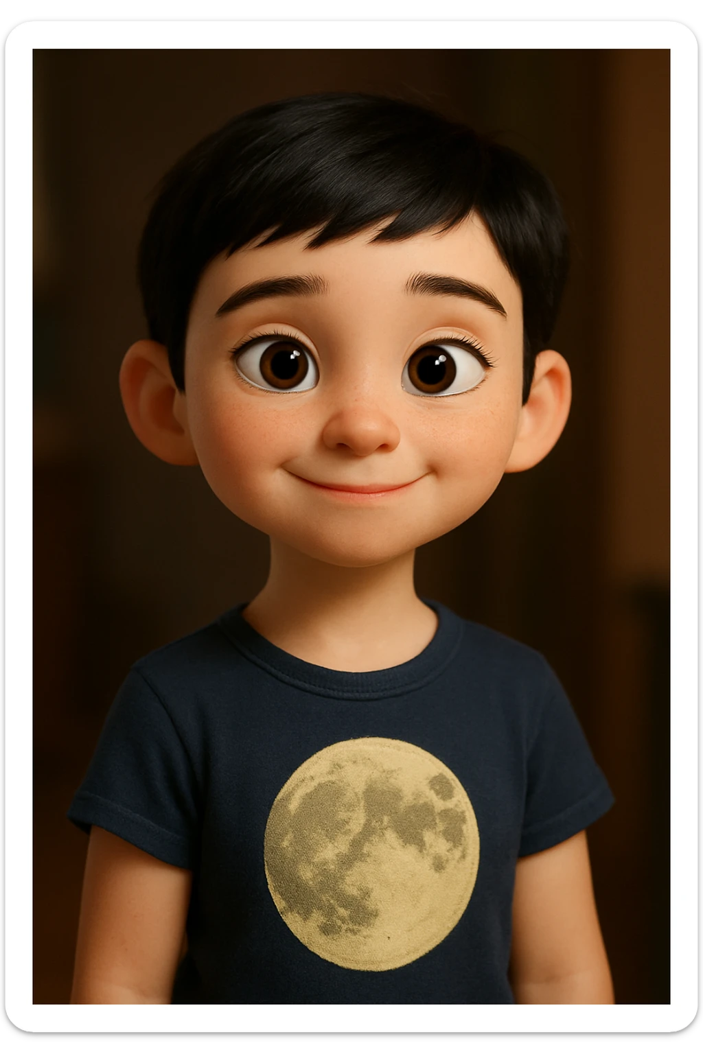Pixar animation style girl with white skin, very short black hair, wearing a t-shirt with a moon drawing sticker