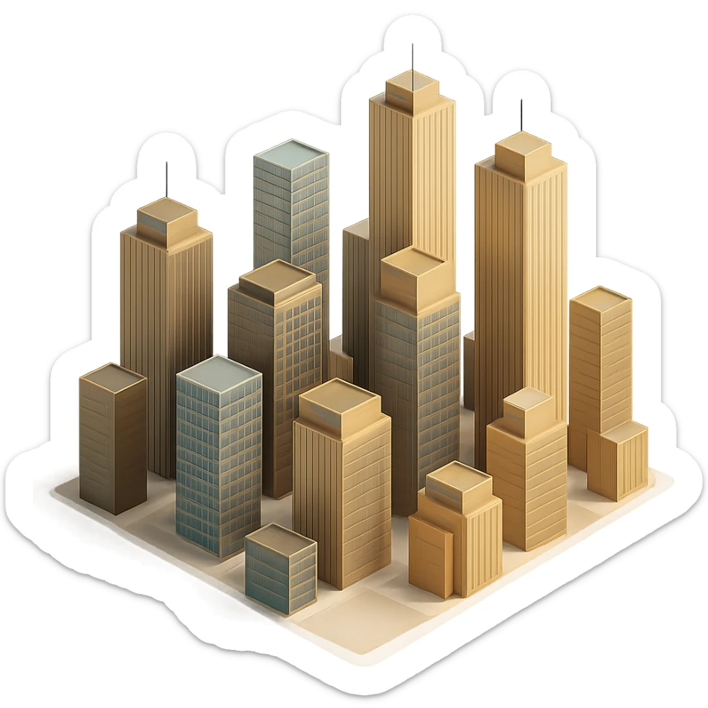 Add more skyscrapers to the scene, keeping the 3D Black style but without using black color. Use metallic and reflective surfaces, realistic lighting, and depth to enhance the cityscape. sticker