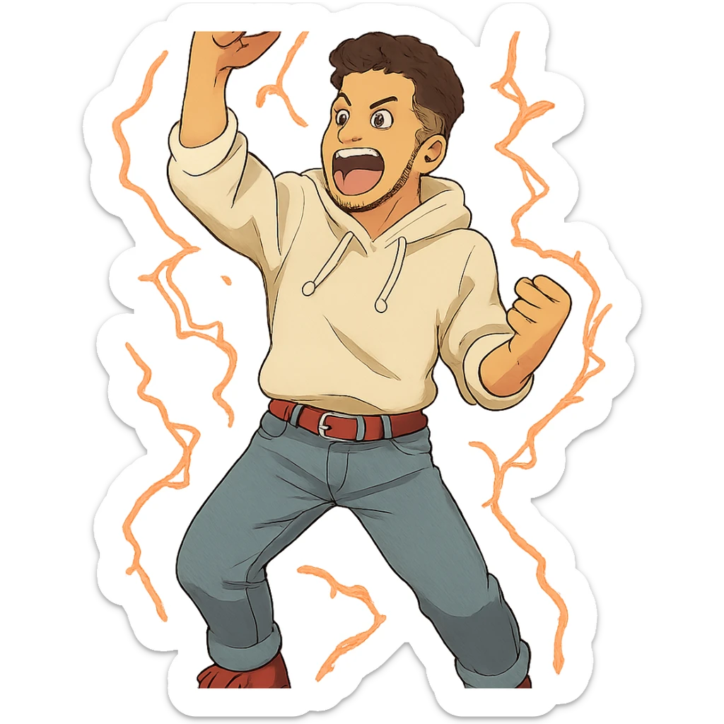 1 male, mid fade haircut dark chestnut brown curly hair, toasted lightskin, white hoodie sleeves up, fashion jeans, red fashion-sneakers shoes, red belt, short trimmed beard and goatee,  style of deku from "my hero academia" doing a "heck yeah!" exclaimation pose with red electricity sticker
