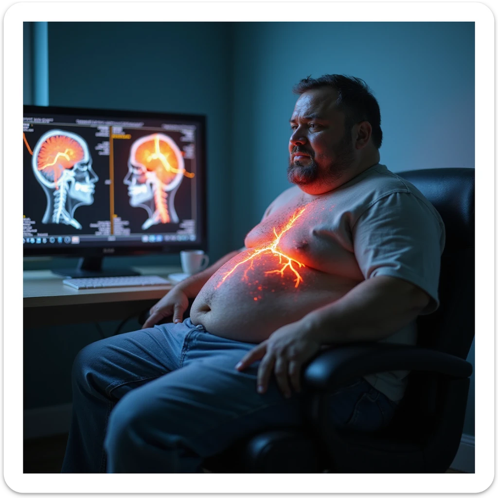 hyper-realistic medical CGI of an obese man sitting in a doctor's office with a brain scan on a monitor behind him showing inflamed hippocampus in red, shrunken prefrontal cortex, yellow lightning for glucose spikes, black amyloid plaques, constricted blood vessels, 4K clinical sticker