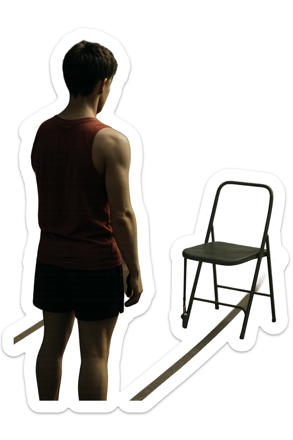 cinematic a person stands alone on a running track or in a fitness studio, glancing toward an empty coach’s chair or whistle hanging on a hook. The absence of the coach is emphasized by a faint, transparent silhouette or shadow where the coach should be. The atmosphere is quiet and a bit disheartened. in italiano sticker