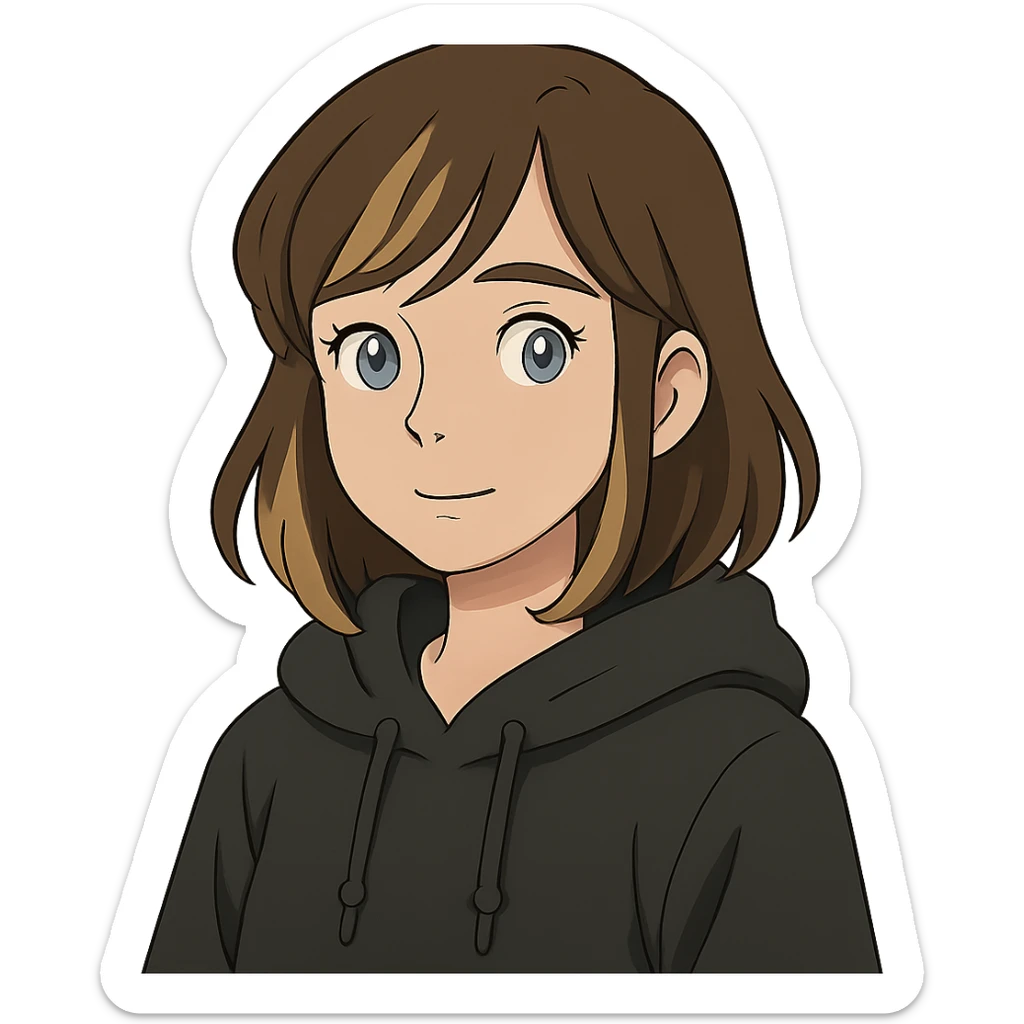 designer girl with blue eyes, brown hair with blonde highlights, black hoodie sticker