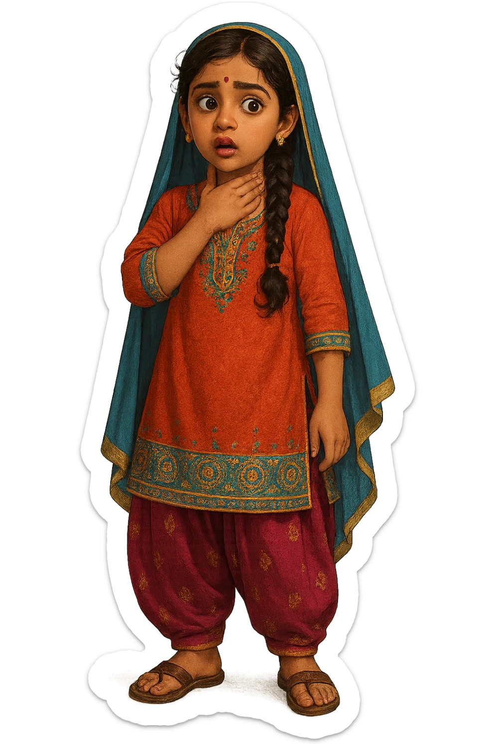 A girl in traditional desi attire holding her own neck, expressive, detailed clothing, vibrant colors, full body, no background sticker