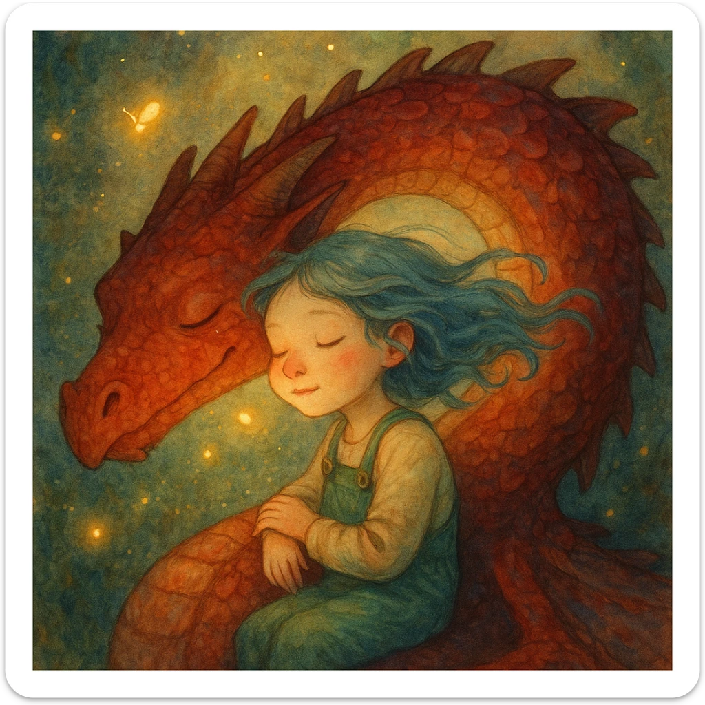A dreamy, ethereal illustration of a young girl peacefully sleeping on the long, curved neck of a red dragon, cheek to cheek. Her blue hair flows gently as if caught in a soft breeze, and she wears delicate green overalls. The dragon’s skin has intricate, painterly textures, glowing subtly under the warm, golden light. Tiny fireflies and soft, ambient light enhance the magical atmosphere. Highly detailed, whimsical, children's book illustration style, with soft yet rich colors, gentle lighting, and a fantasy storytelling feel. Watercolor-like textures, hand-painted aesthetics, cinematic composition. sticker