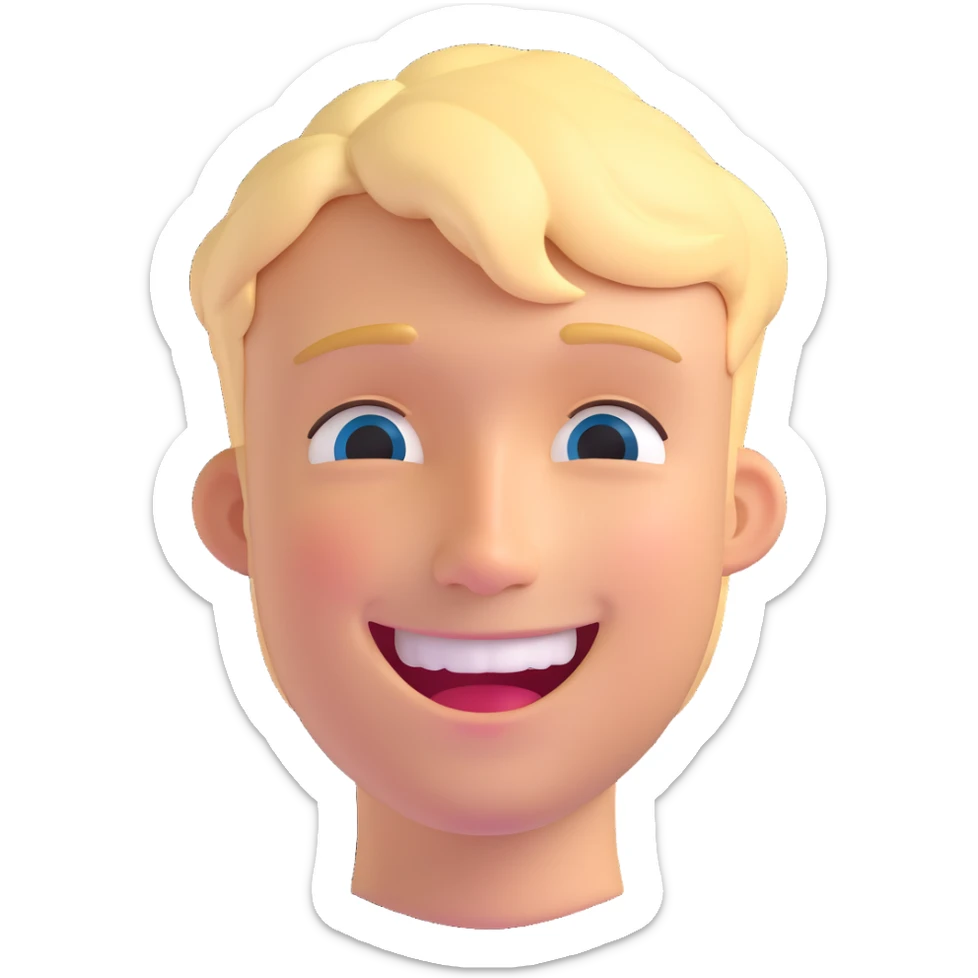 Create a 3D cartoon style memoji of a smiling blond young man with tears of joy, matching the style of the reference image. sticker