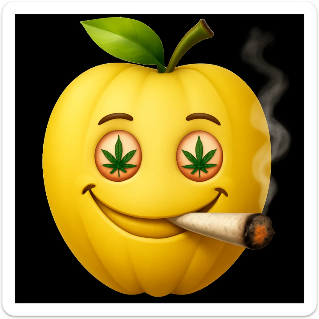 Add a cartoon joint with smoke to the smiley face made of apples as eyes and a banana as the mouth. Make it look like the face is smoking weed, keep the emoji style. sticker