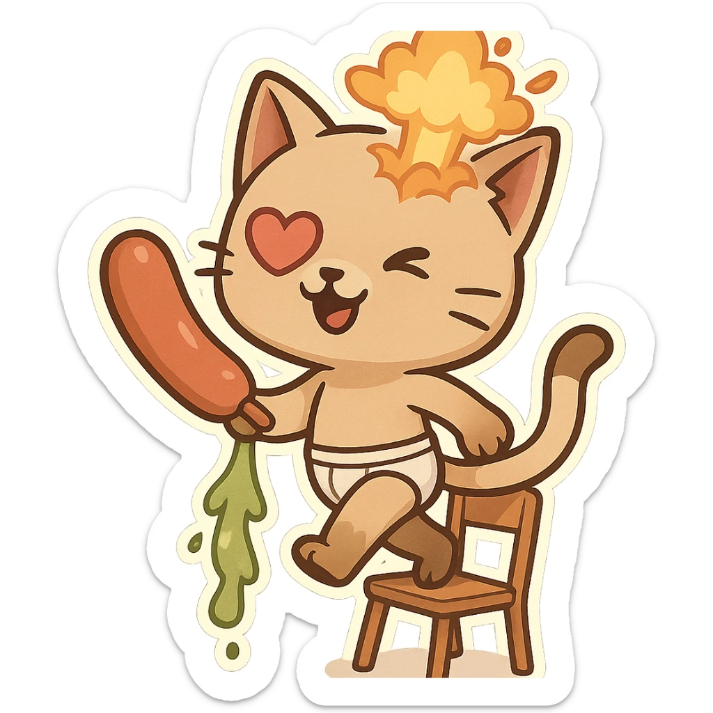 cartoon cat walking on a chair, holding a giant sausage, one heart-shaped eye, green vomit coming from its leg, exploding head, wearing underwear sticker