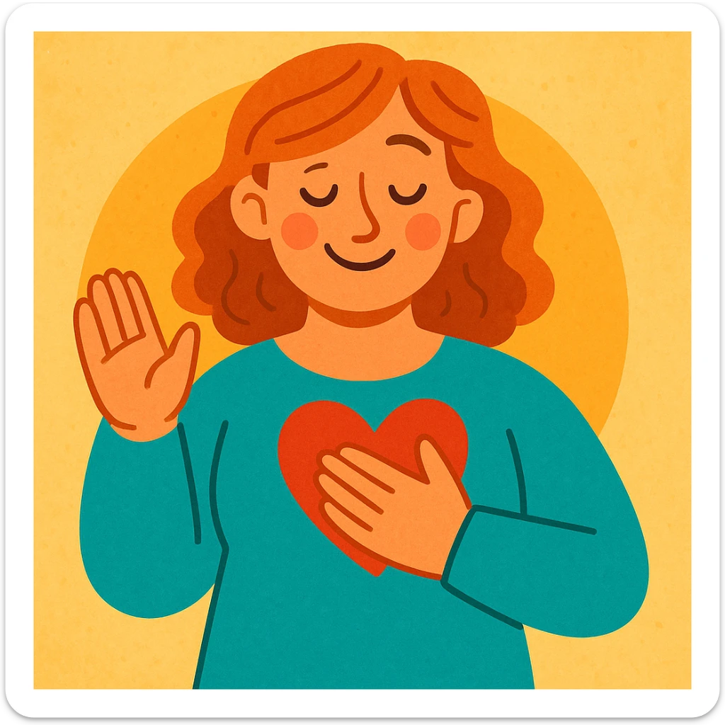 gentle caring woman with heart symbol, exuding warmth and reassurance, soft inviting illustration style, Mutmacherin sticker