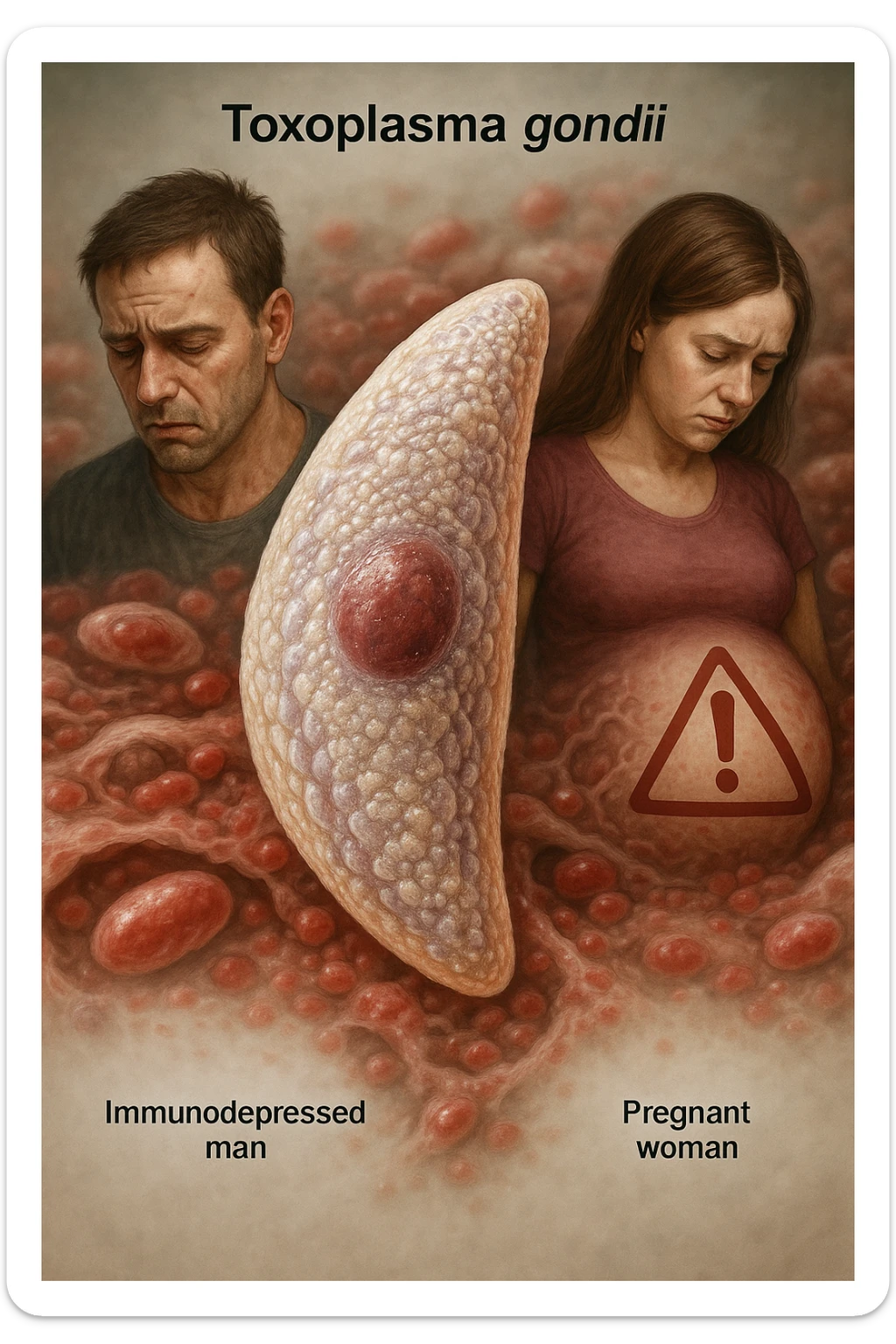 Toxoplasma gondii, infetta uomo immunodepresso e donne incinta. Causando gravi problemi tutto scritto in italiano immagine iperrealistica sticker