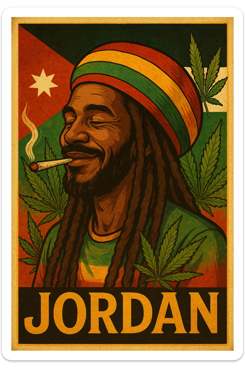 A digital vintage-style poster illustration of a Jordanian Rasta man with dreadlocks, wearing a red, yellow, green striped tam hat. He is smiling peacefully with a lit herbal spliff in his mouth. The background features the official Jordan flag — black, white, green horizontal stripes with a red triangle and a white 7-point star — accurately displayed behind him. Cannabis leaves are tastefully arranged around the composition, and the poster includes Rasta color textures blended with the Jordanian palette. Use a retro poster style with warm, slightly aged textures, bold outlines, and soft shading to evoke a soulful reggae vibe that honors both Jordanian pride and Rasta spirit. The mood is chill, powerful, and respectful sticker