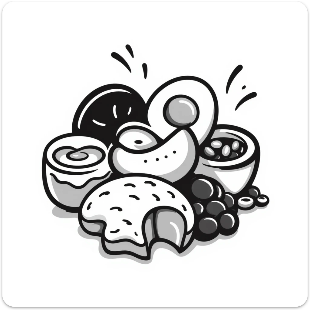 Close up of protein foods (meat, egg, beans, tofu, yogurt) connected together in a unified cluster, glowing with energy, floating in a warm light. sticker