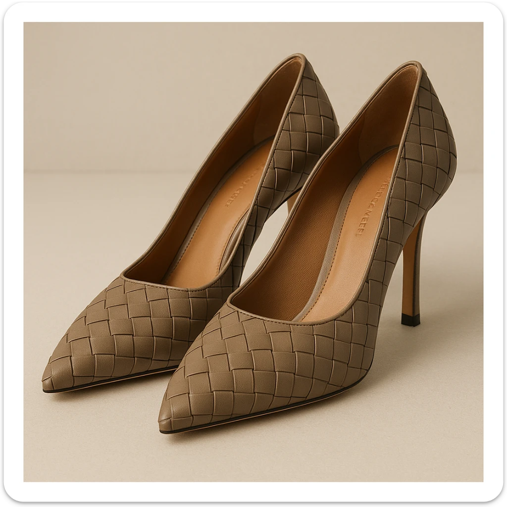 Bottega Veneta high-heeled shoes, iconic woven texture, sophisticated look, simple background sticker