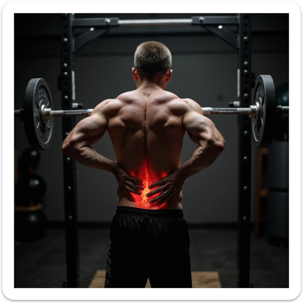 realistic photo of a crossfit athlete during weightlifting exercise, stopping due to back pain, hand on lower back, visible muscles, intense atmosphere, gym background sticker