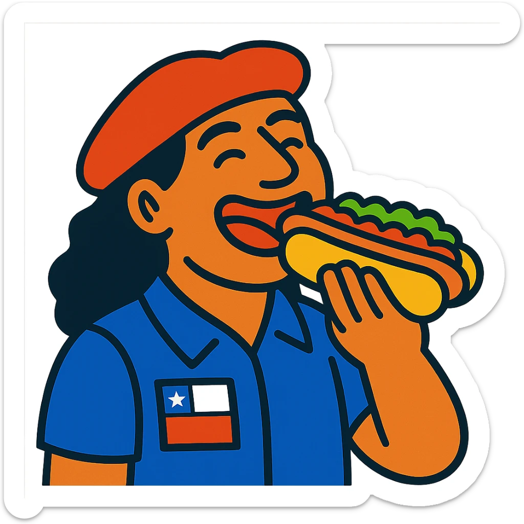 vibrant toon style of a Chilean person happily eating a completo hot dog sticker