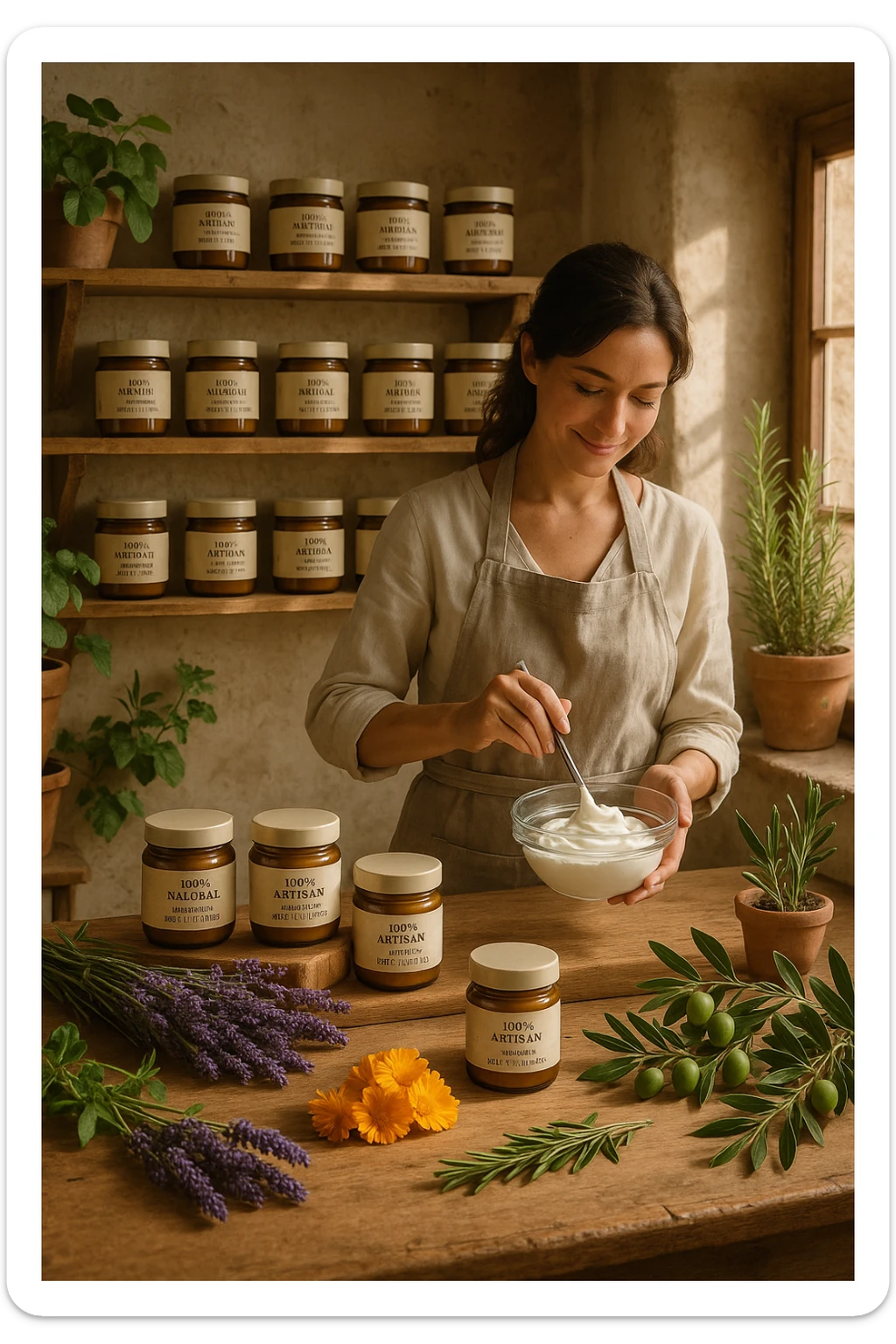 A realistic, high-quality photo of a small artisan skincare laboratory in Italy, with wooden shelves displaying beautifully packaged glass jars of natural creams made with herbal and botanical extracts, olive oil, and essential oils, clearly labeled ‘100% Natural’ and ‘Artisan Made in Italy’. The scene includes a bright, sunlit rustic workspace with plants, fresh lavender, rosemary, calendula flowers, and olive branches on the wooden counter, symbolizing purity and nature. A female artisan in a linen apron is carefully mixing creams in a glass bowl, smiling softly. The environment feels warm, authentic, and eco-friendly, emphasizing the concept of handcrafted skincare without synthetic chemicals in italiano sticker