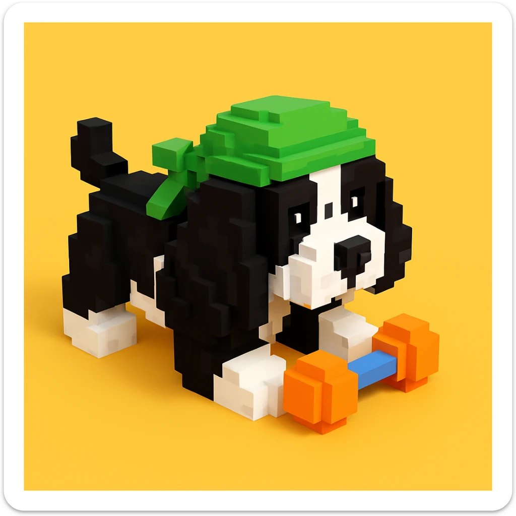 A black and white Russian Cocker Spaniel puppy wearing a green durag, voxel style, playing with a toy sticker