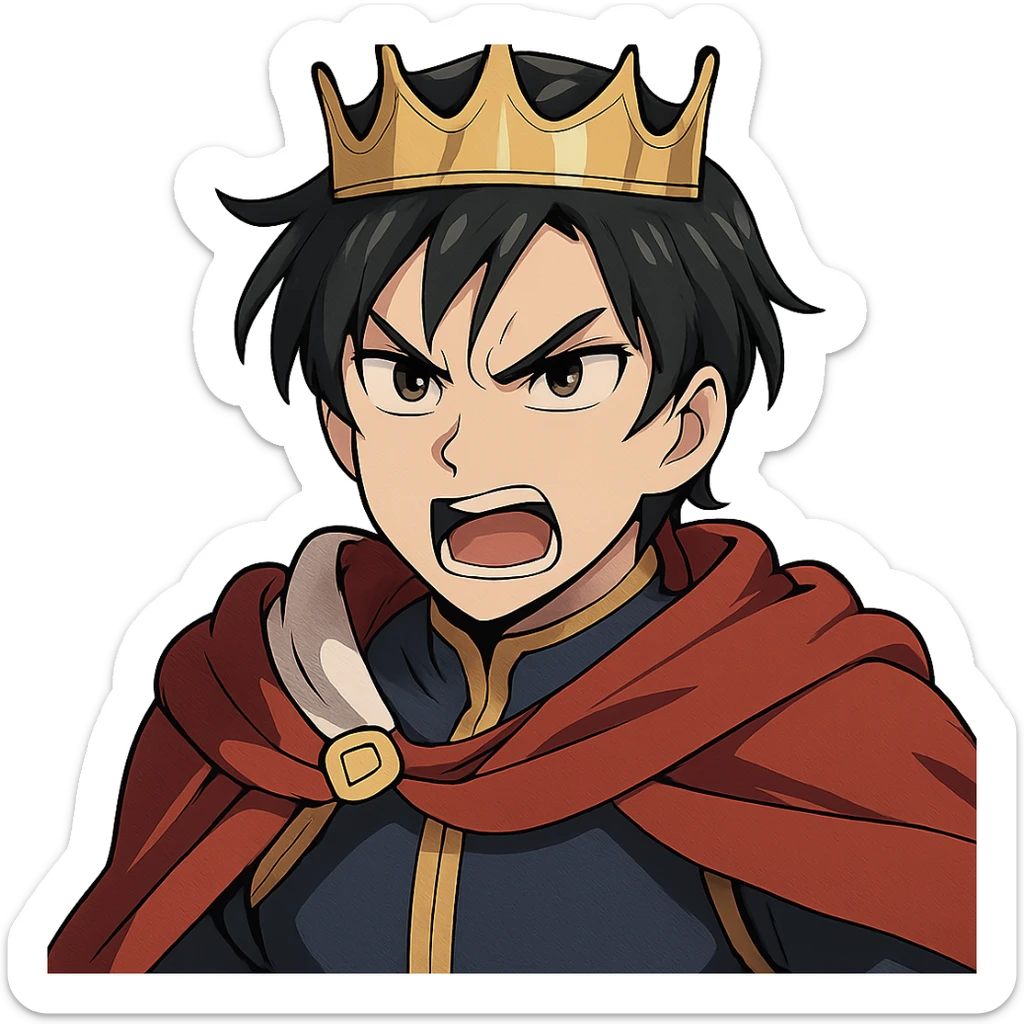 angry prince with golden crown, light skin, dark brown eyes, black hair, anime style sticker