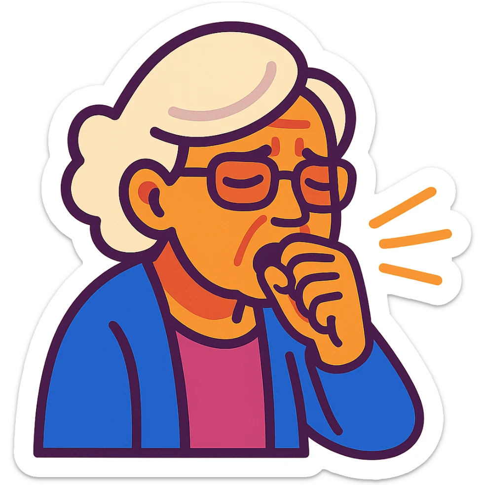Older woman, tired eyes, hand over mouth coughing, vibrant toon style sticker