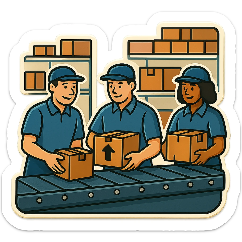 Картинка конвейерной ленты, по ней едут коробки, люди сортируют коробки в разные стороны, не обрезай края обводки sticker