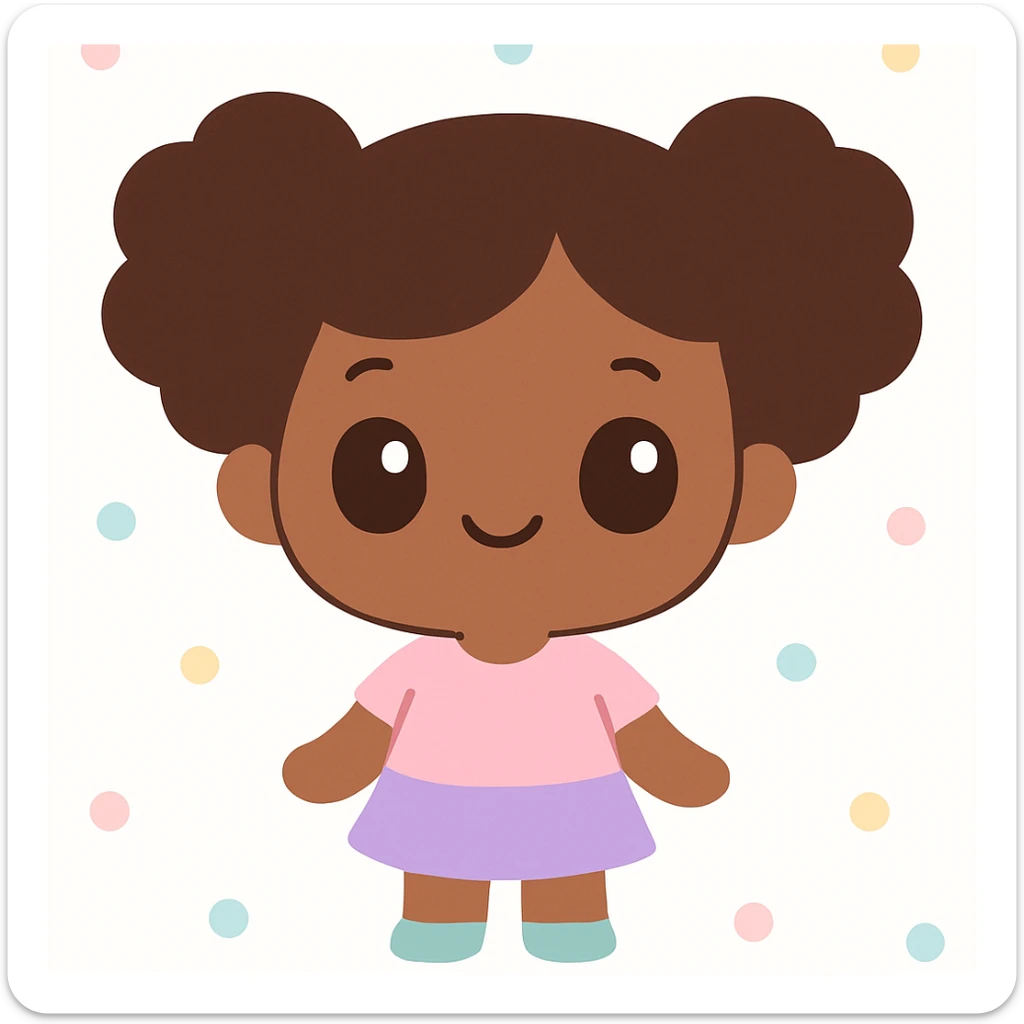 una niña morena de piel con ojos marrones y pelo afro, estilo kawaii sticker