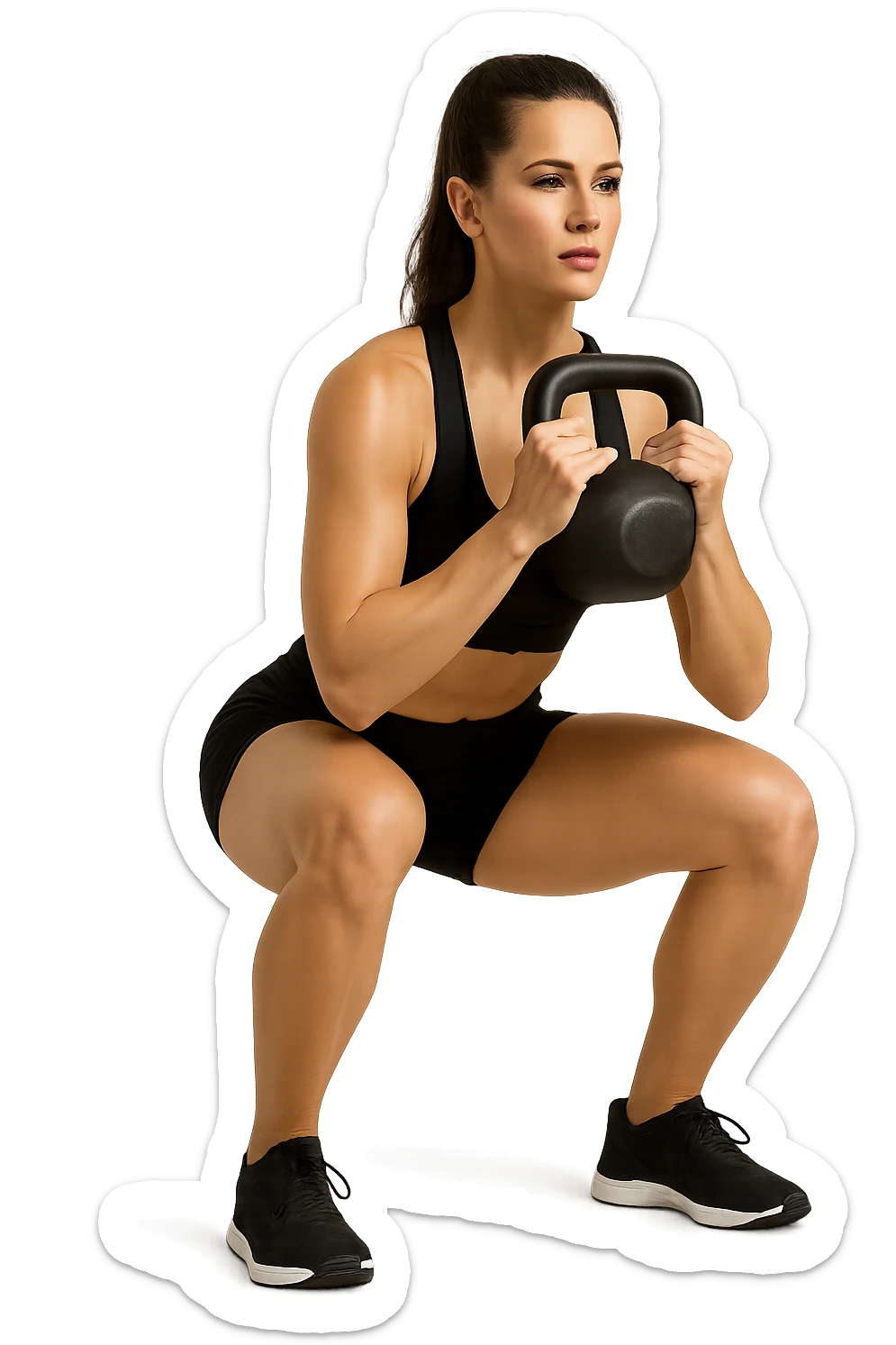 donna fitness in forma con kettlebell mentre fa uno squat, isolata su sfondo bianco sticker