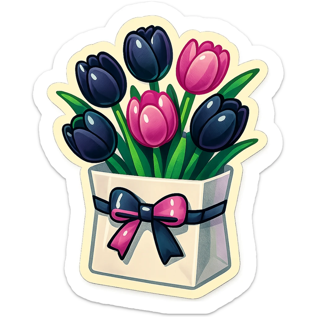 a bunch of black and pink tulips arranged in a white paper bag with a blackpink ribbon, retro stickers style, fun and energetic, thick outlines, sticker-like appearance sticker