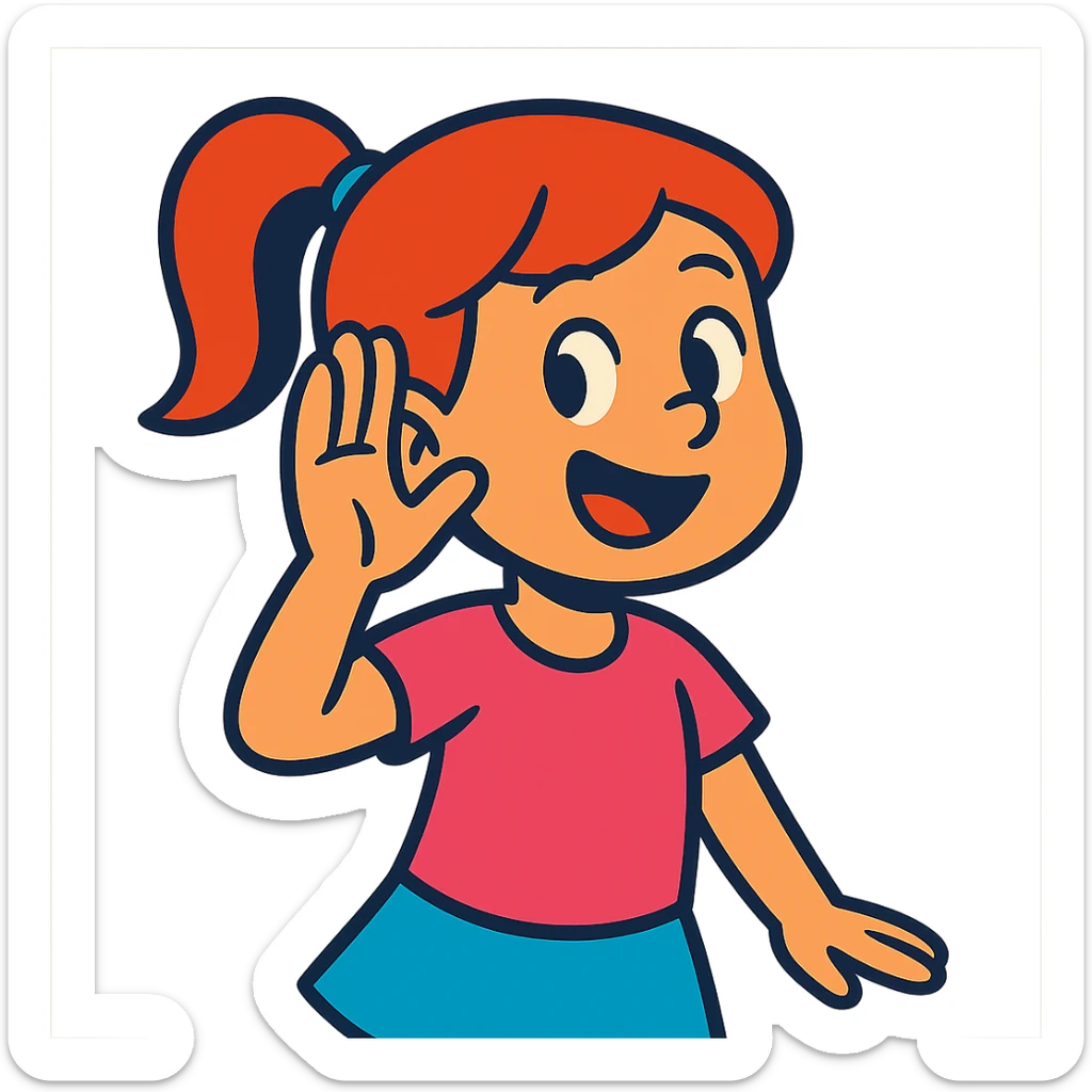 girl listening to viewer, side view, hand to ear, playful cartoon style sticker