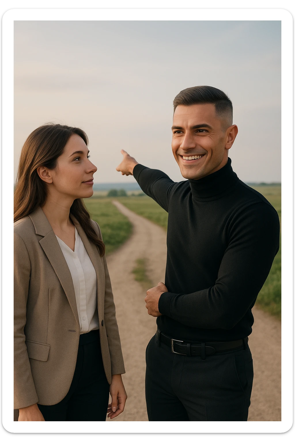 Editorial photo of a confident man standing at a crossroads, pointing decisively toward a clear path ahead. Beside him, a woman looks at him with trust and readiness to follow. Both are well-dressed, the setting is an open landscape with soft, natural light. The mood is one of leadership, guidance, and partnership. sticker