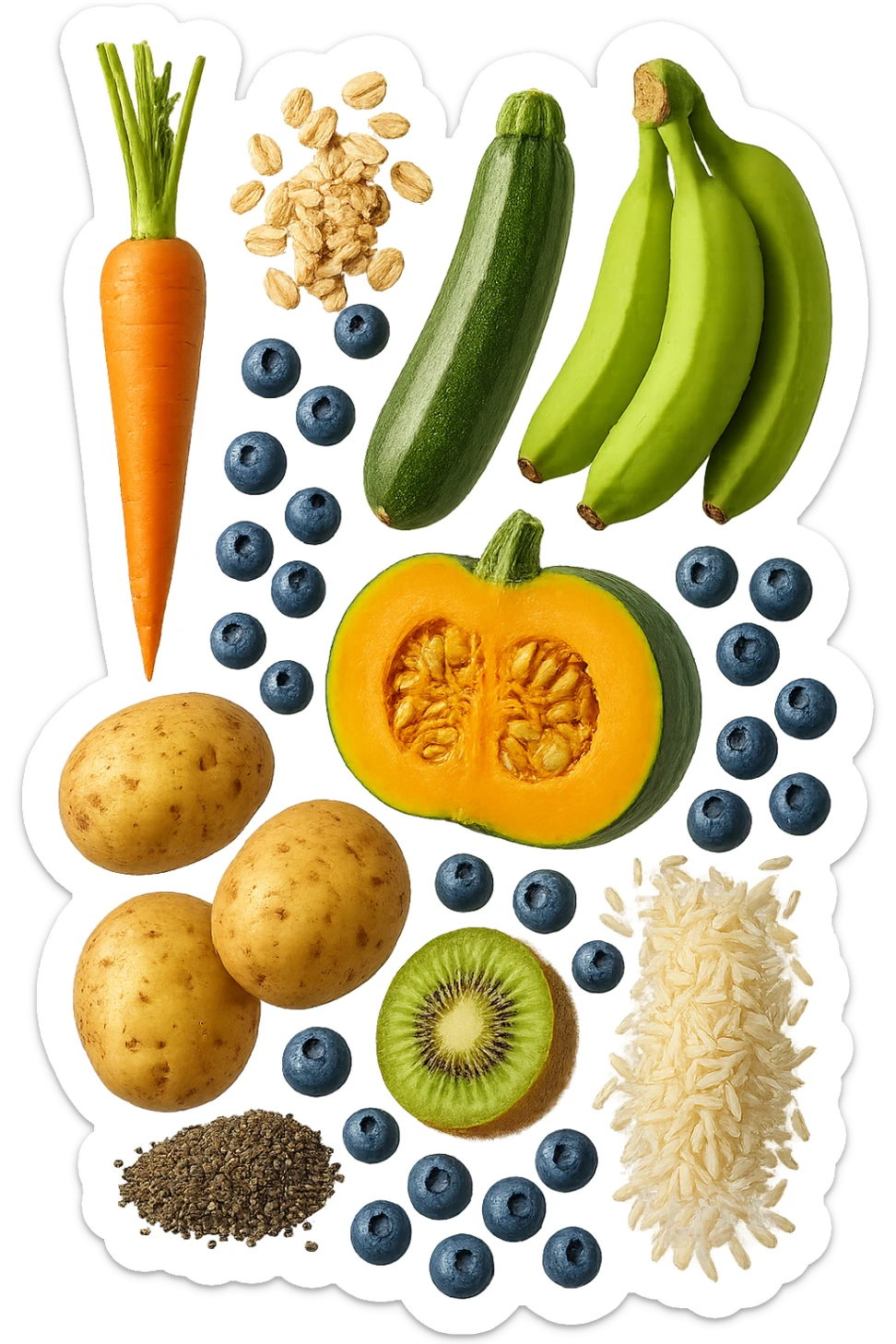 carota, fiocchi di avena, zucchine, kiwi, mirtilli, semi di chia, patate, banane acerbe, zucca, riso fluttuano in aria verticalmente, iperrealistici 4k sticker