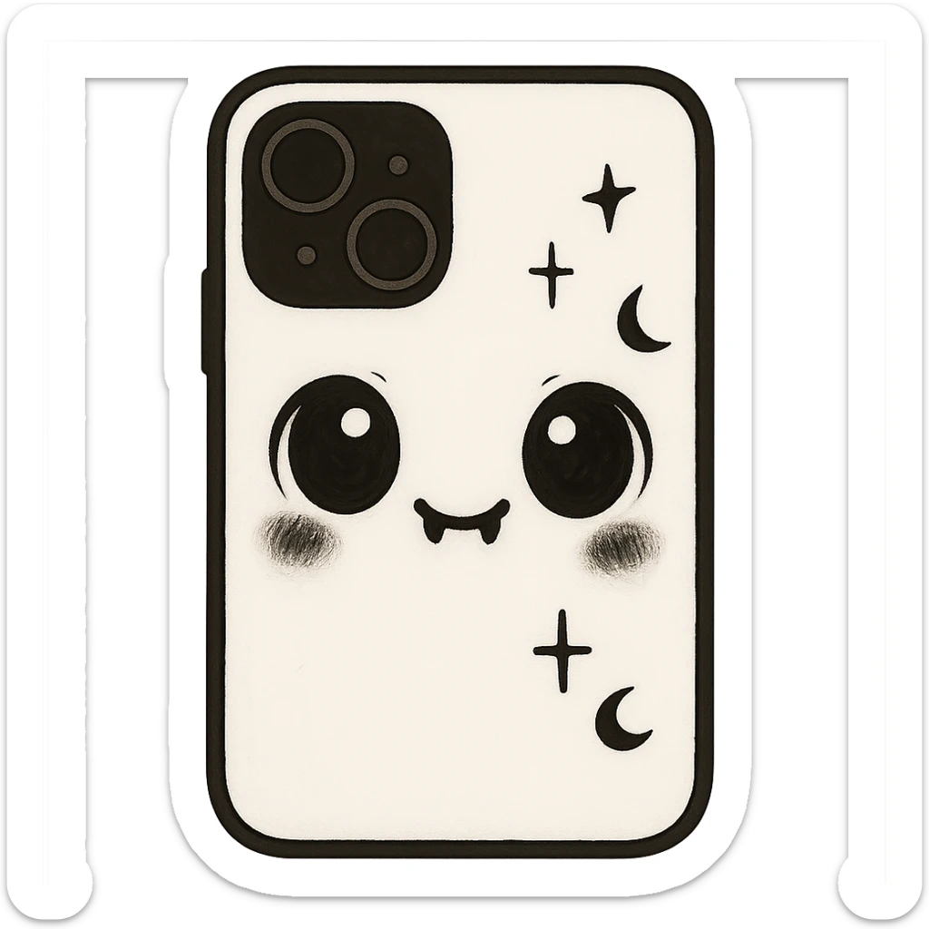 Change the color scheme to white and black, gothic kawaii phone case, big eyes, smiling, playful, cartoonish, gothic symbols, ghibli style, no background. sticker